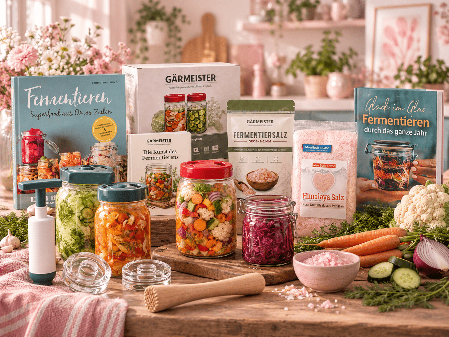 Meine Fermentier Sachen mit Fermentiergläsern, Fermentiergewichten, Salz und Büchern