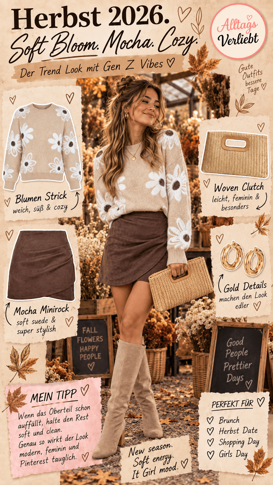 Pinterest Pin Herbst Outfits Damen 2026 mit Blumen Pullover Mocha Minirock und Gen Z Trend Look