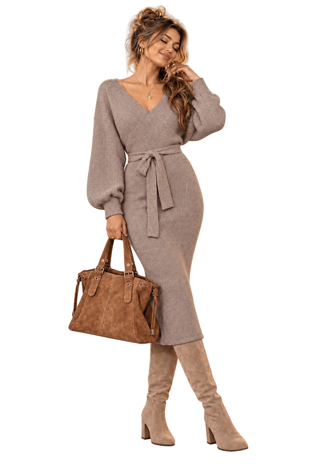 Herbst Outfits Damen 2026 mit Taupe Strickkleid und Suede Bag als moderner Damen Trend Look