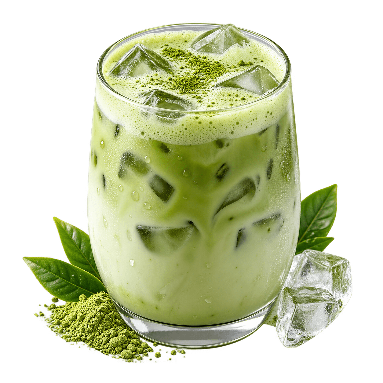 Iced Matcha Latte Rezept mit Matcha, Milch und Eiswürfeln