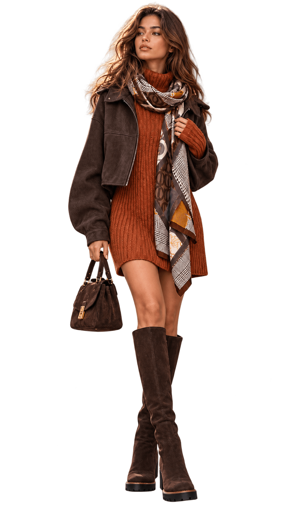 Modernes Herbst Outfit Damen 2026 mit Strickkleid Boots Schal und brauner Jacke